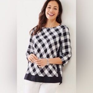J. Jill L Love Linen Black White Checkered Plaid Half Sleeve Top